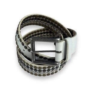 OFF WHITE FAUX LEATHER STUDDED MULTI METAL BRASS SILVER BELT BOHO PUNK RETRO